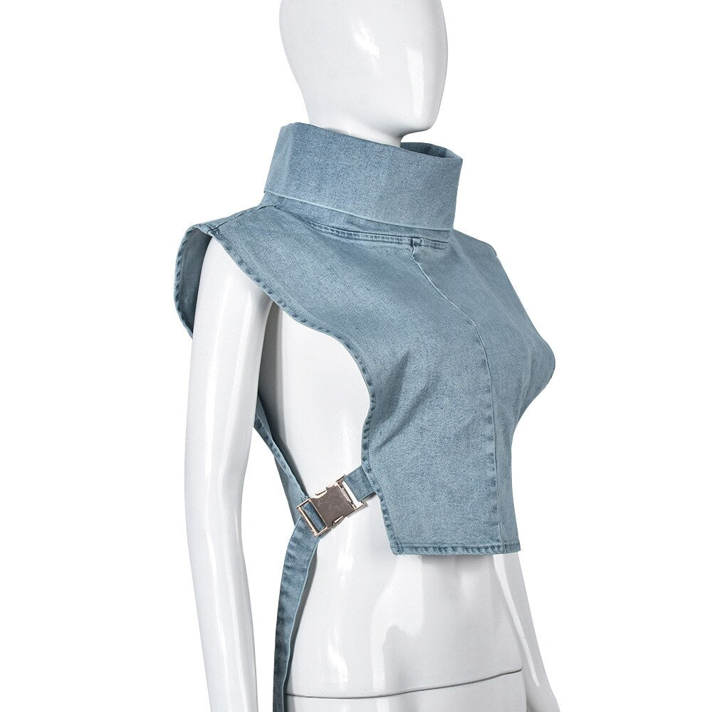 High Neck Denim Vest