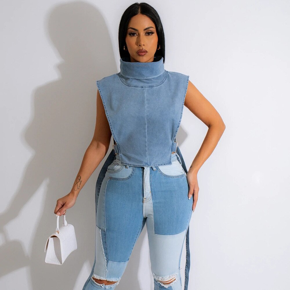 High Neck Denim Vest