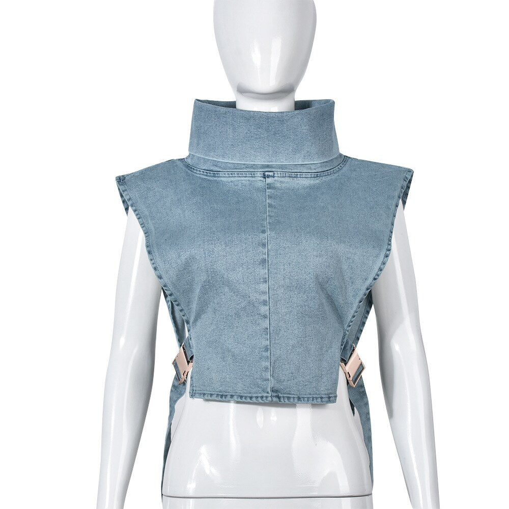 High Neck Denim Vest